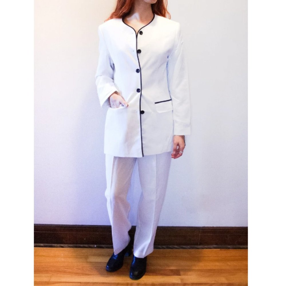 WHITE MINIMALIST SUIT - Mod Ribbed Power Suit Navy Trim - Trousers Pants Set